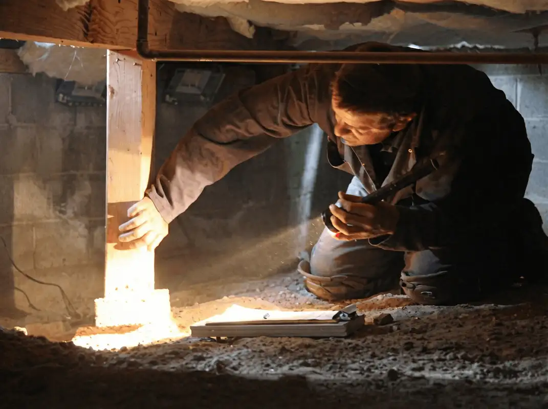 A professional inspecting wooden beams under the floor of a structure in Pembroke Pines, FL