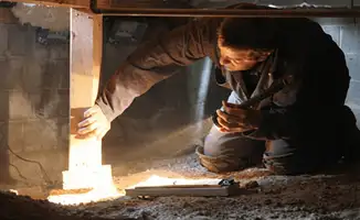 A professional inspecting wooden beams under the floor of a structure in Pembroke Pines, FL